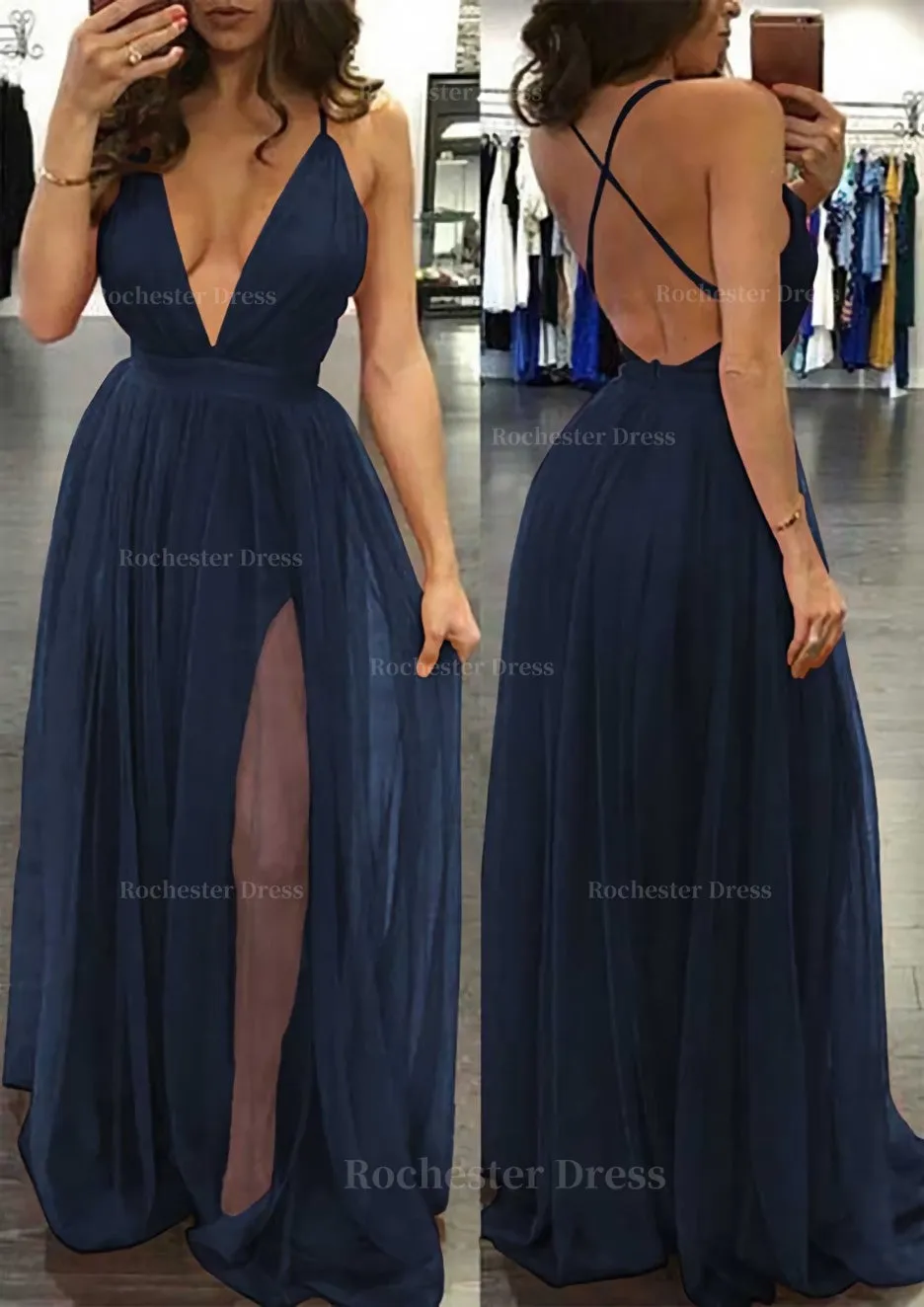 A-line/Princess V Neck Sleeveless Sweep Train Tulle Prom Dress