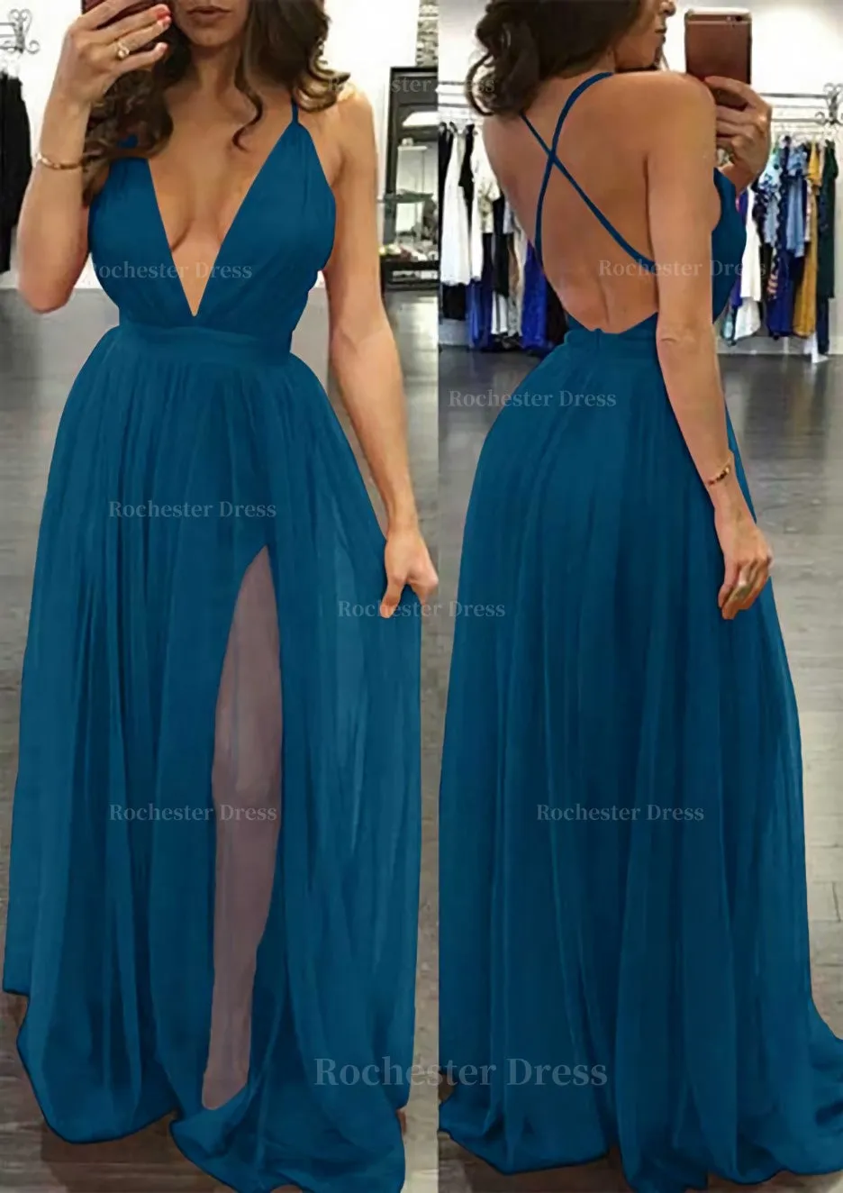 A-line/Princess V Neck Sleeveless Sweep Train Tulle Prom Dress