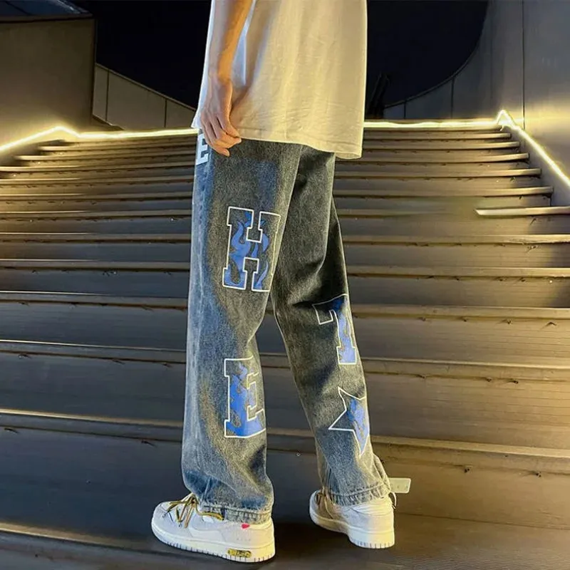 Aidase Trousers Baggy Men's Jeans Grunge Y2k With Print Straight Vintage Hip Hop Washed Man Cowboy Pants Loose Retro Star Comfortable