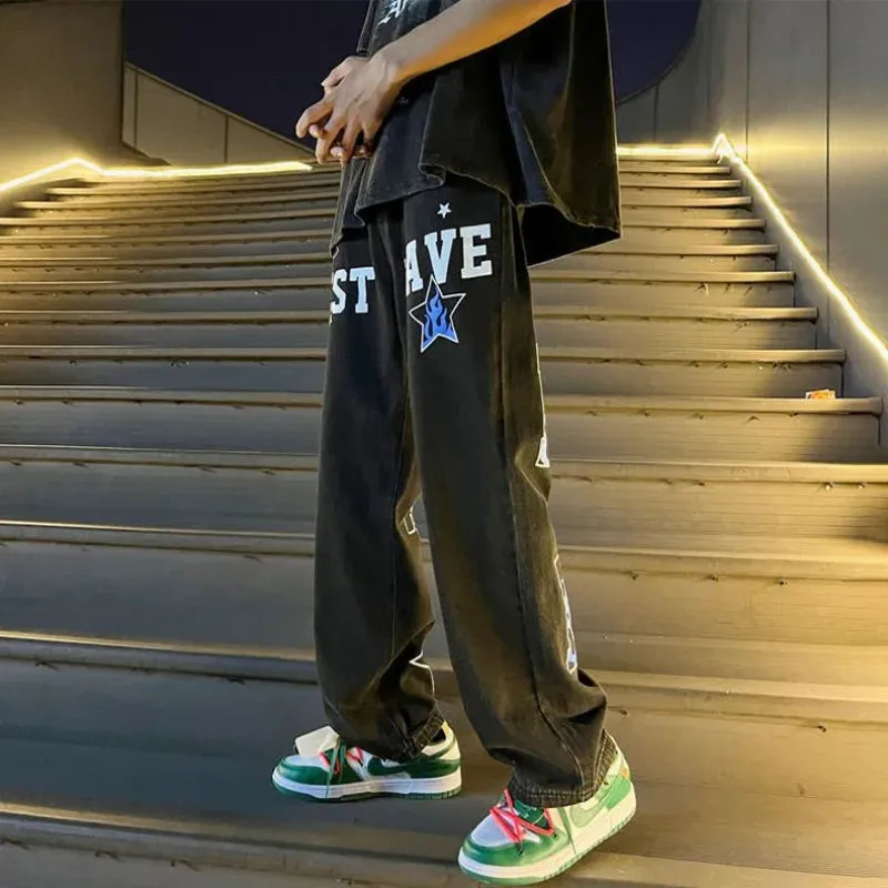 Aidase Trousers Baggy Men's Jeans Grunge Y2k With Print Straight Vintage Hip Hop Washed Man Cowboy Pants Loose Retro Star Comfortable