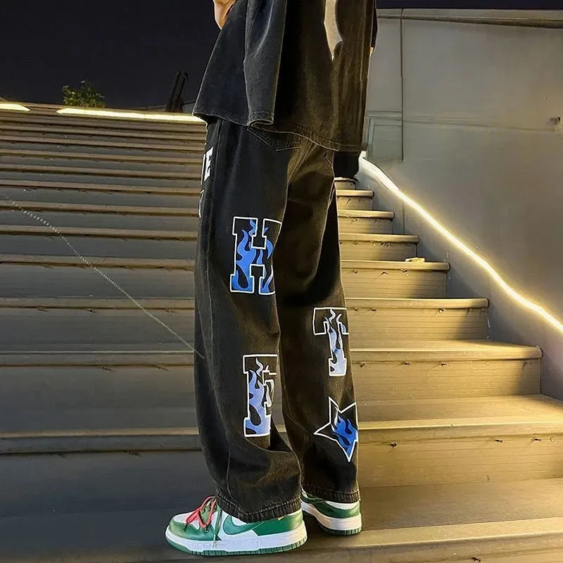 Aidase Trousers Baggy Men's Jeans Grunge Y2k With Print Straight Vintage Hip Hop Washed Man Cowboy Pants Loose Retro Star Comfortable