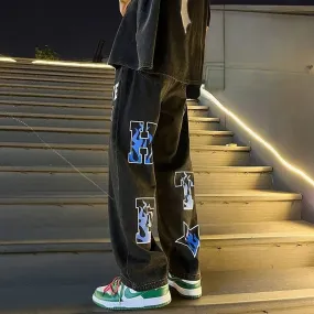 Aidase Trousers Baggy Men's Jeans Grunge Y2k With Print Straight Vintage Hip Hop Washed Man Cowboy Pants Loose Retro Star Comfortable