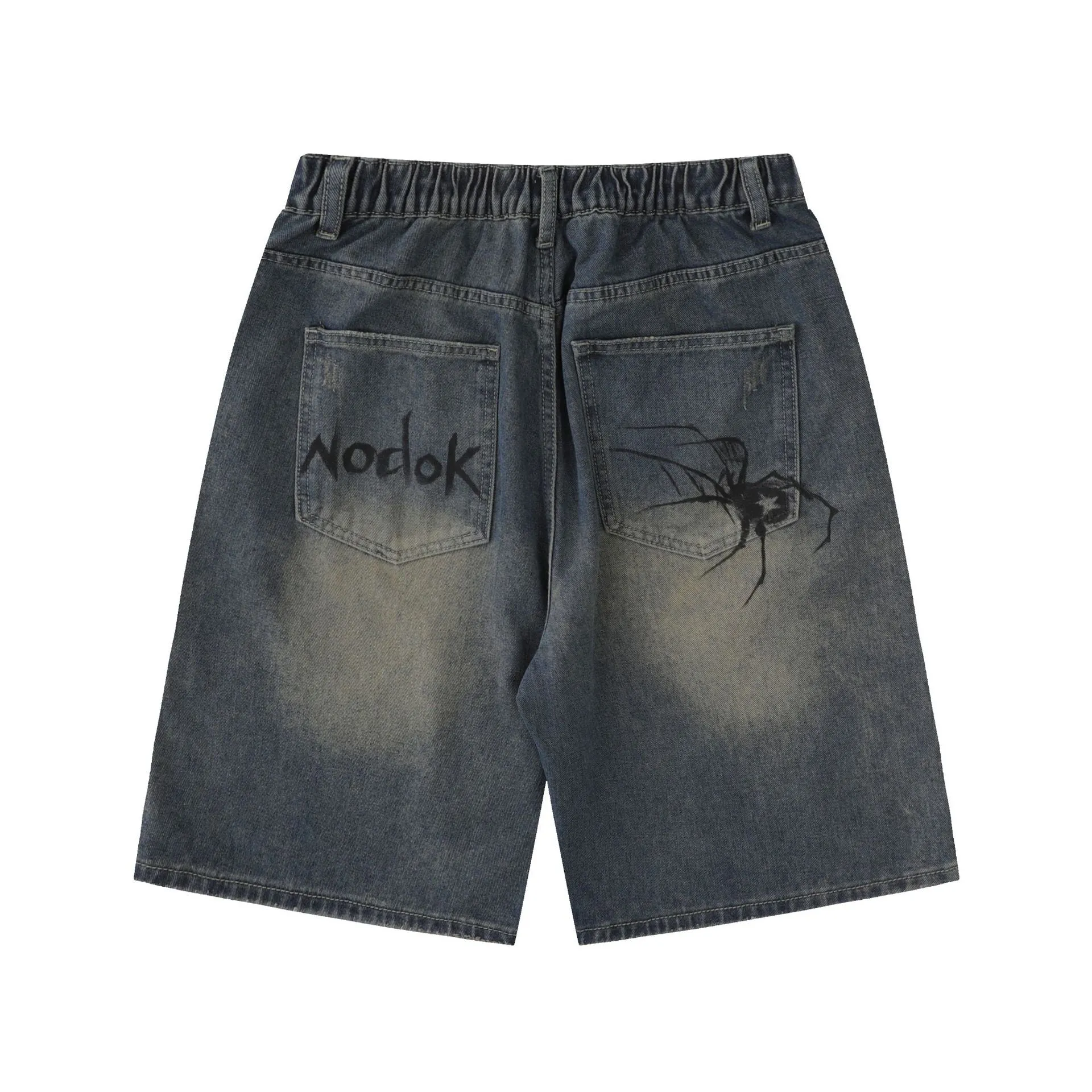 Amozae grunge outfits Jiayiku Men's Clothing American Retro Fashion Brand Washed Denim Shorts Spider Graffiti Personality High Street Men's and Women's Vibe Pants