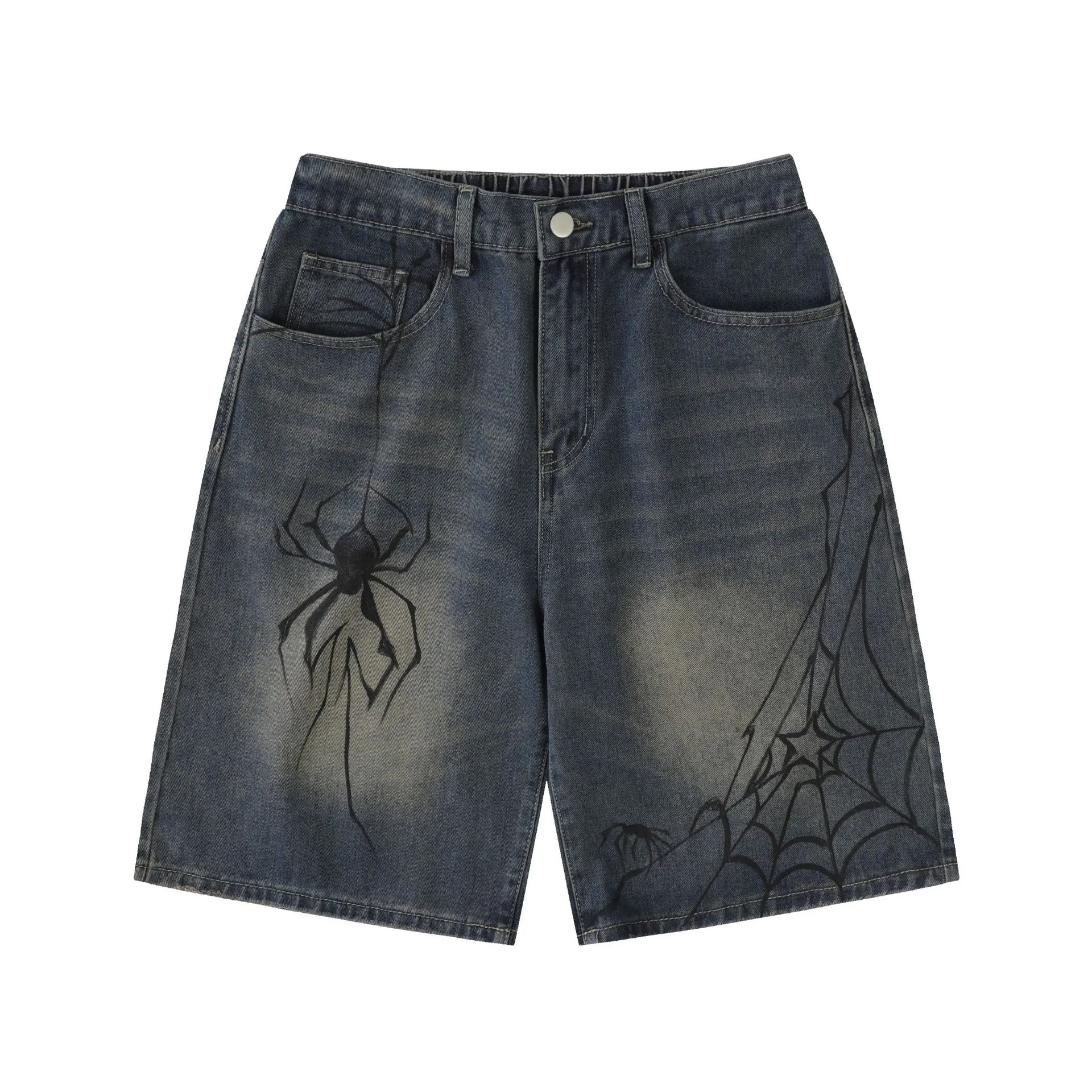 Amozae grunge outfits Jiayiku Men's Clothing American Retro Fashion Brand Washed Denim Shorts Spider Graffiti Personality High Street Men's and Women's Vibe Pants