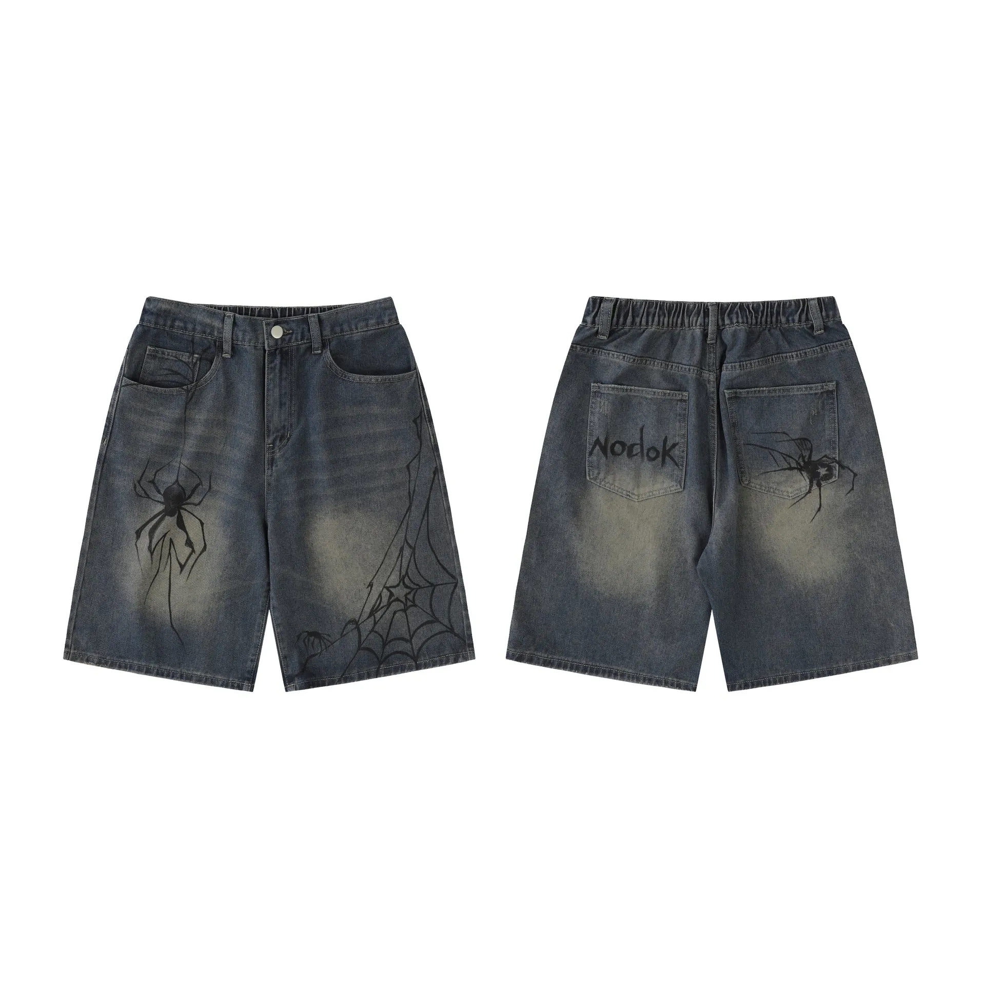 Amozae grunge outfits Jiayiku Men's Clothing American Retro Fashion Brand Washed Denim Shorts Spider Graffiti Personality High Street Men's and Women's Vibe Pants