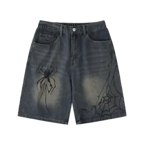 Amozae grunge outfits Jiayiku Men's Clothing American Retro Fashion Brand Washed Denim Shorts Spider Graffiti Personality High Street Men's and Women's Vibe Pants