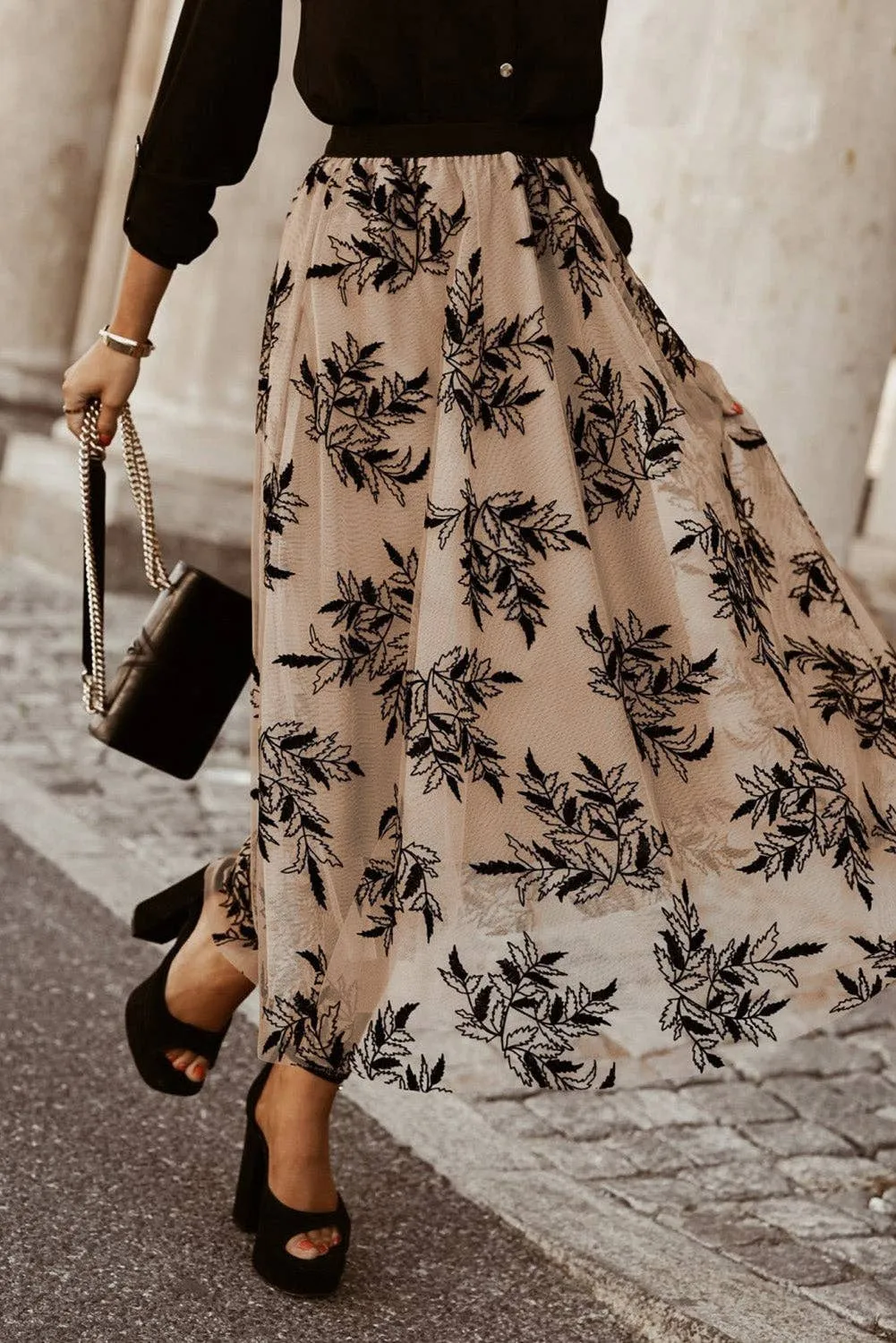 APRICOT FLORAL EBROIDERED MAXI SKIRT