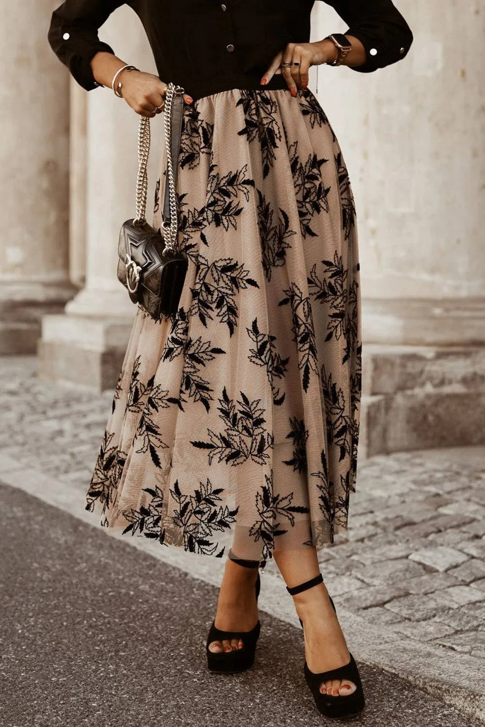 APRICOT FLORAL EBROIDERED MAXI SKIRT