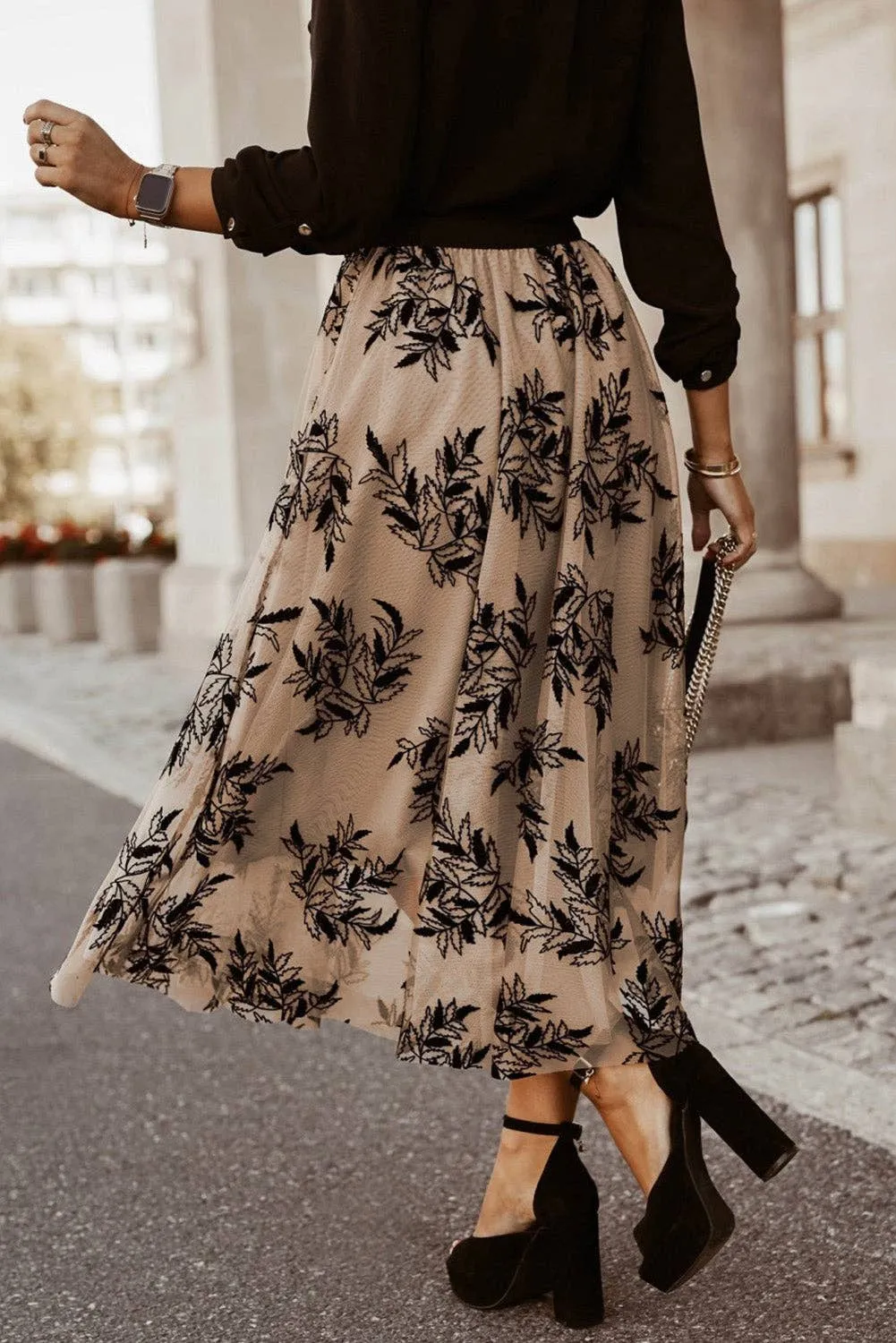 APRICOT FLORAL EBROIDERED MAXI SKIRT