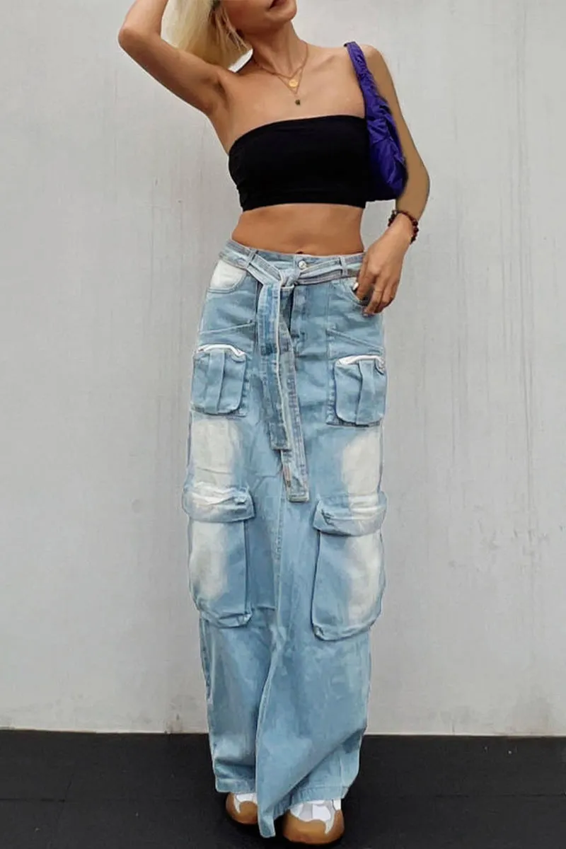 BE802 Denim Multi Pockets Zippered Maxi Skirt