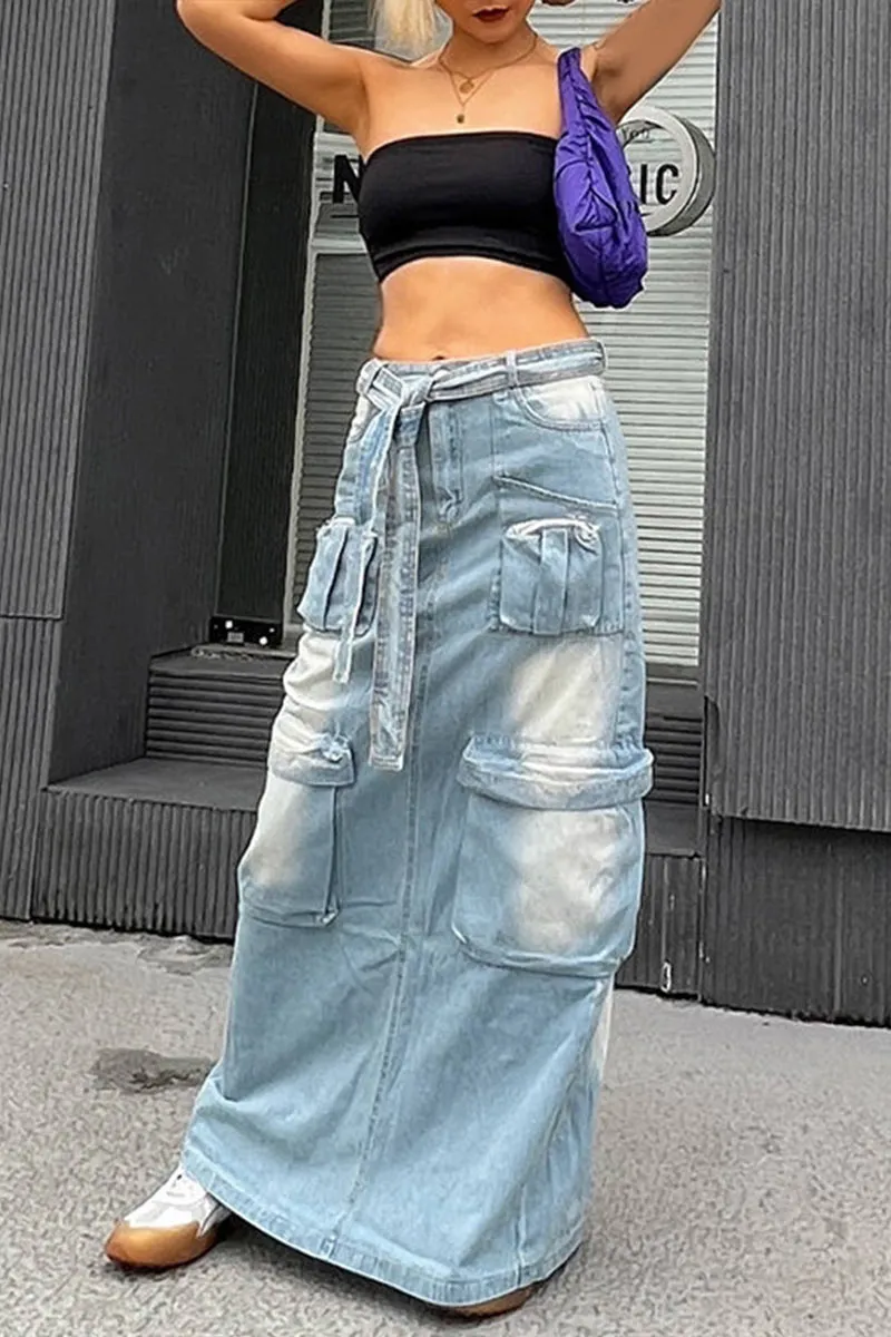 BE802 Denim Multi Pockets Zippered Maxi Skirt