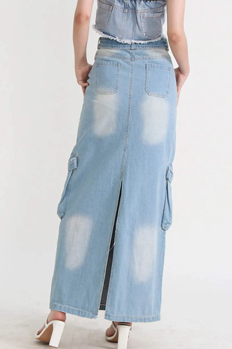 BE802 Denim Multi Pockets Zippered Maxi Skirt