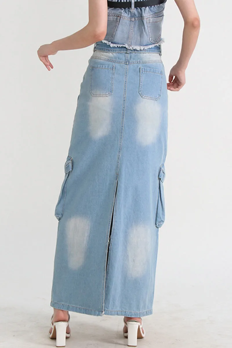 BE802 Denim Multi Pockets Zippered Maxi Skirt