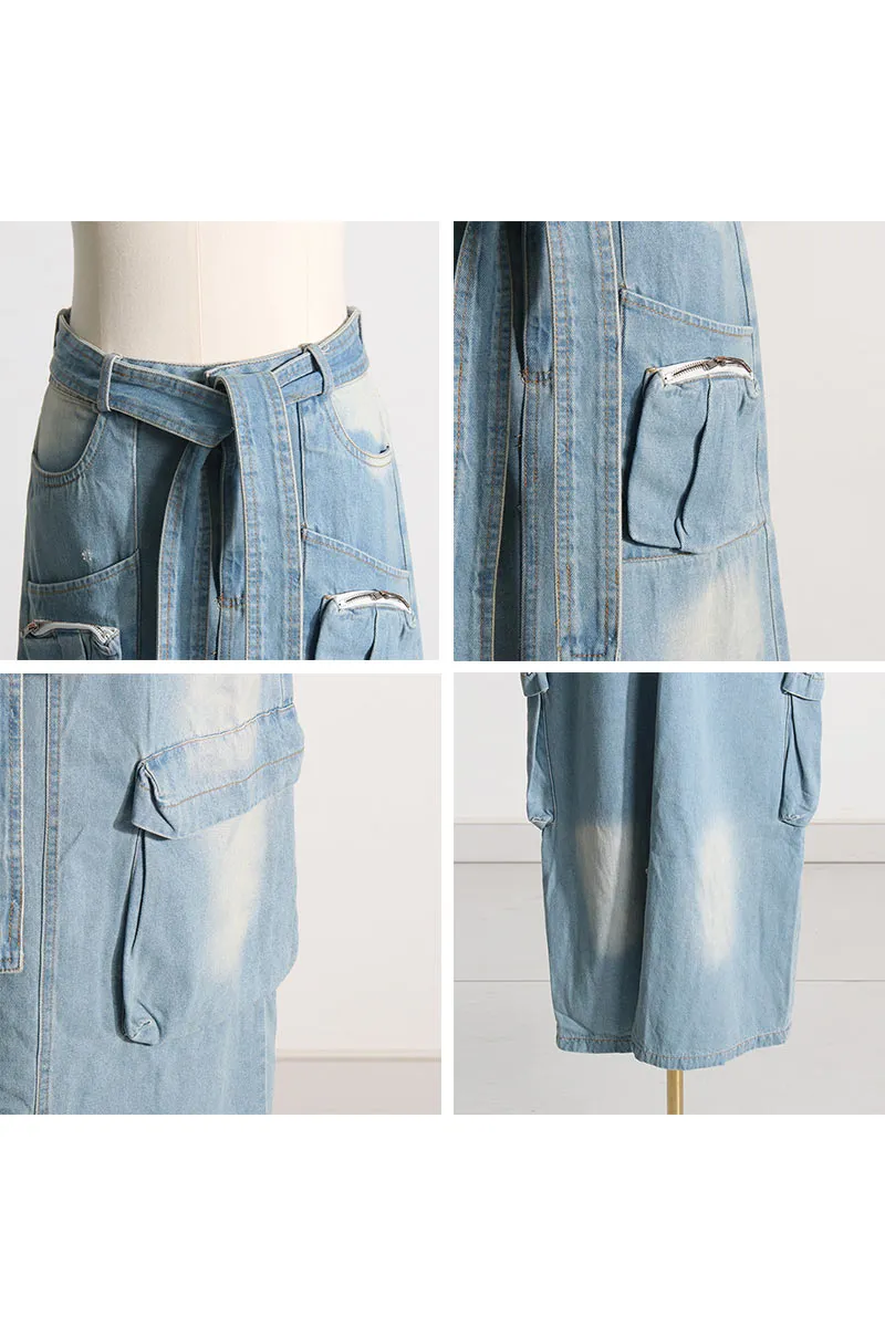 BE802 Denim Multi Pockets Zippered Maxi Skirt