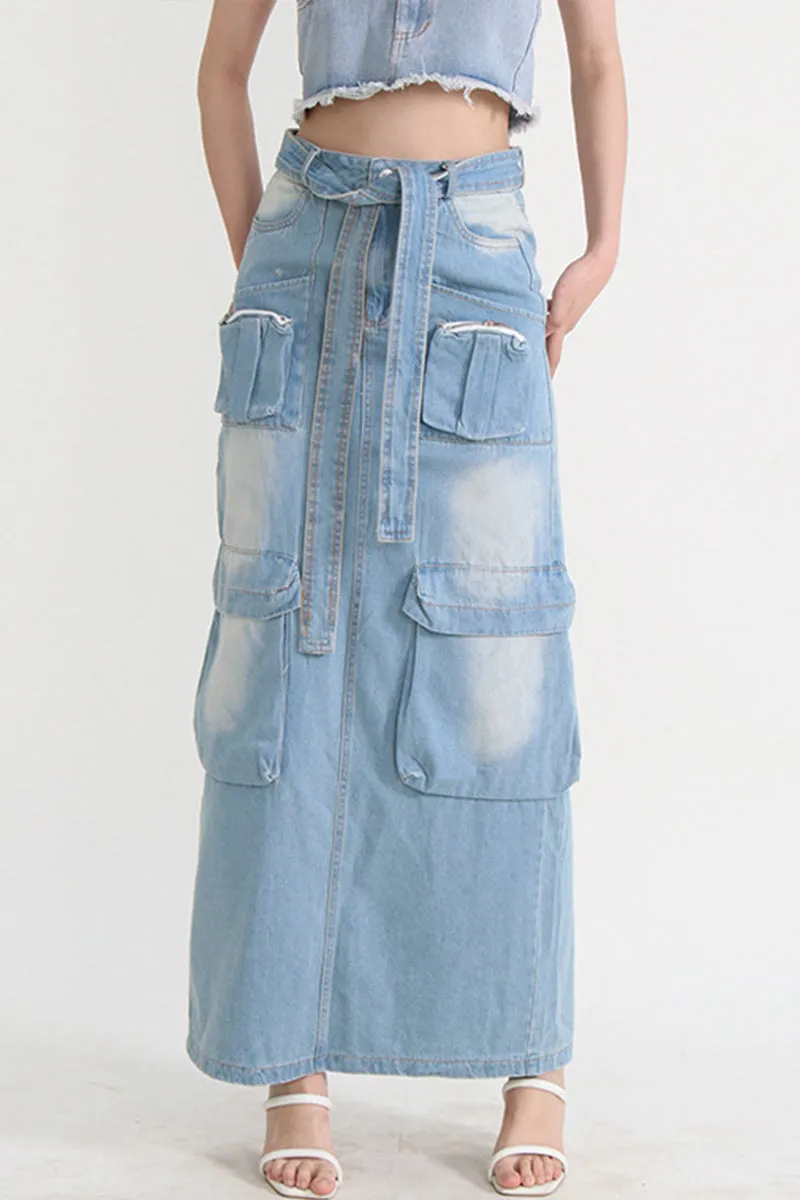BE802 Denim Multi Pockets Zippered Maxi Skirt