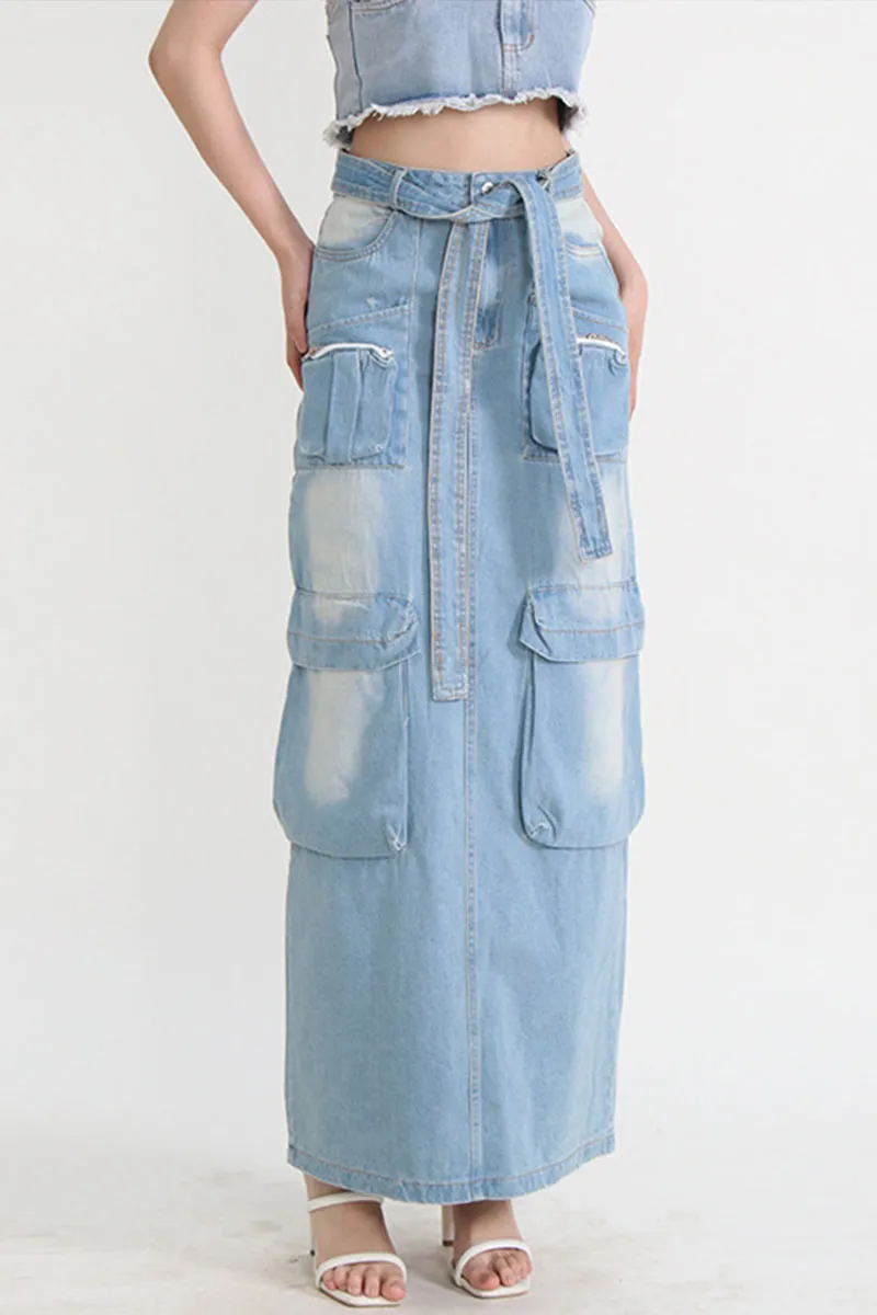 BE802 Denim Multi Pockets Zippered Maxi Skirt