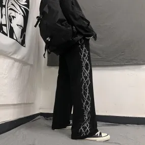 Black Gray Thorns Grunge Side Print Loose Pants