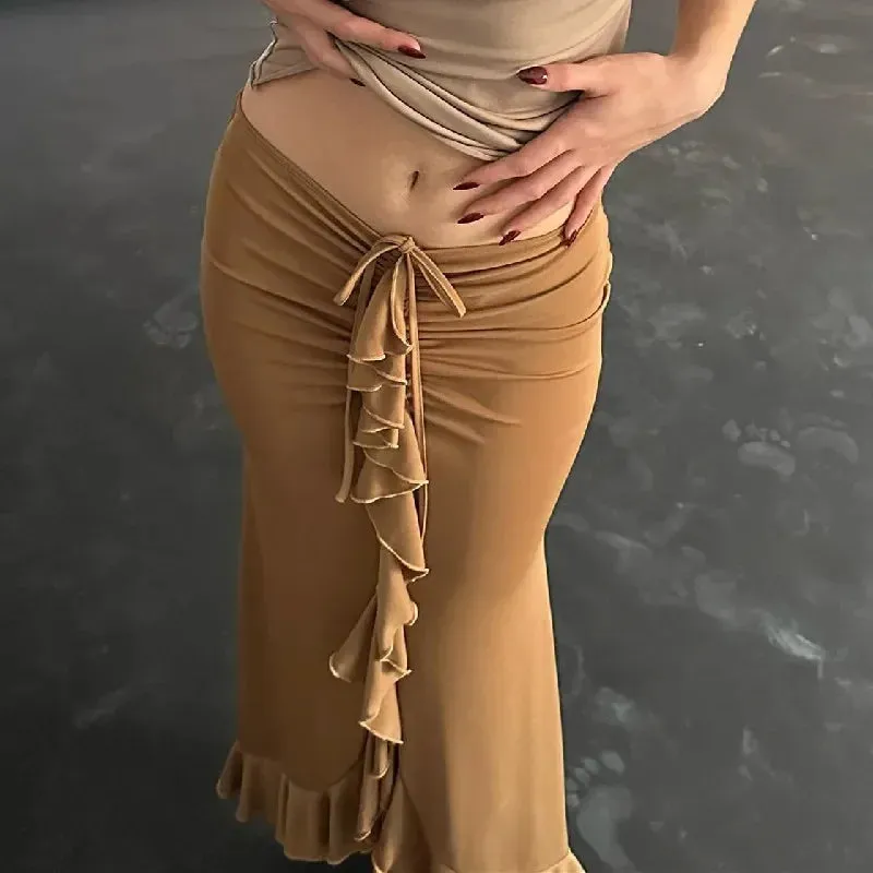 Black Sexy Skirts Asymmetrical Lace Up Ruched Ruffled Long Skirts Y2k Summer Clothes for Women Bottoms P33-BE20
