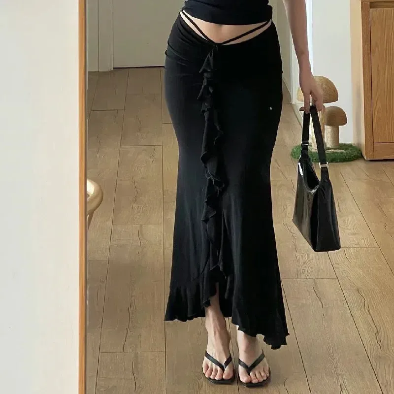 Black Sexy Skirts Asymmetrical Lace Up Ruched Ruffled Long Skirts Y2k Summer Clothes for Women Bottoms P33-BE20