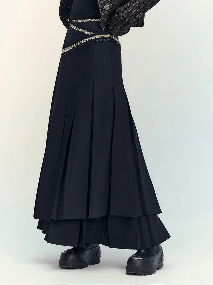 Box-Pleats Flare Glitter Plain Long-Skirt