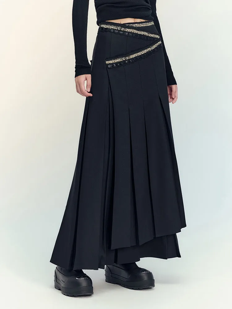 Box-Pleats Flare Glitter Plain Long-Skirt