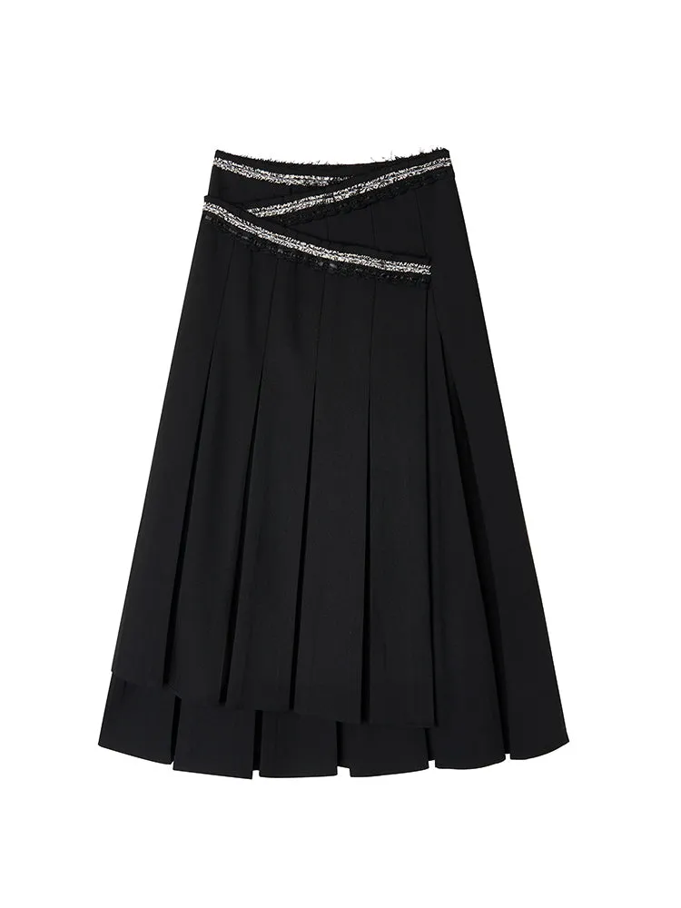 Box-Pleats Flare Glitter Plain Long-Skirt