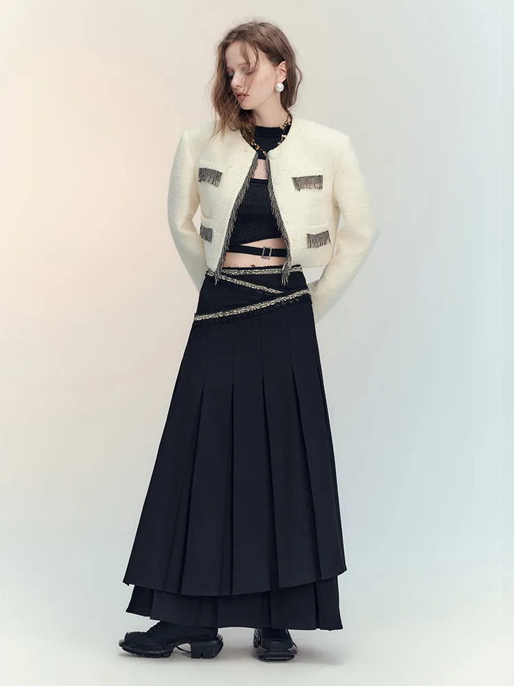 Box-Pleats Flare Glitter Plain Long-Skirt