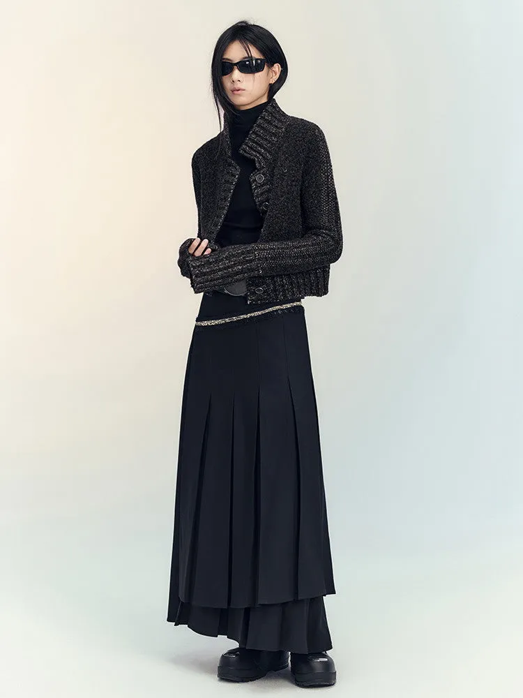 Box-Pleats Flare Glitter Plain Long-Skirt