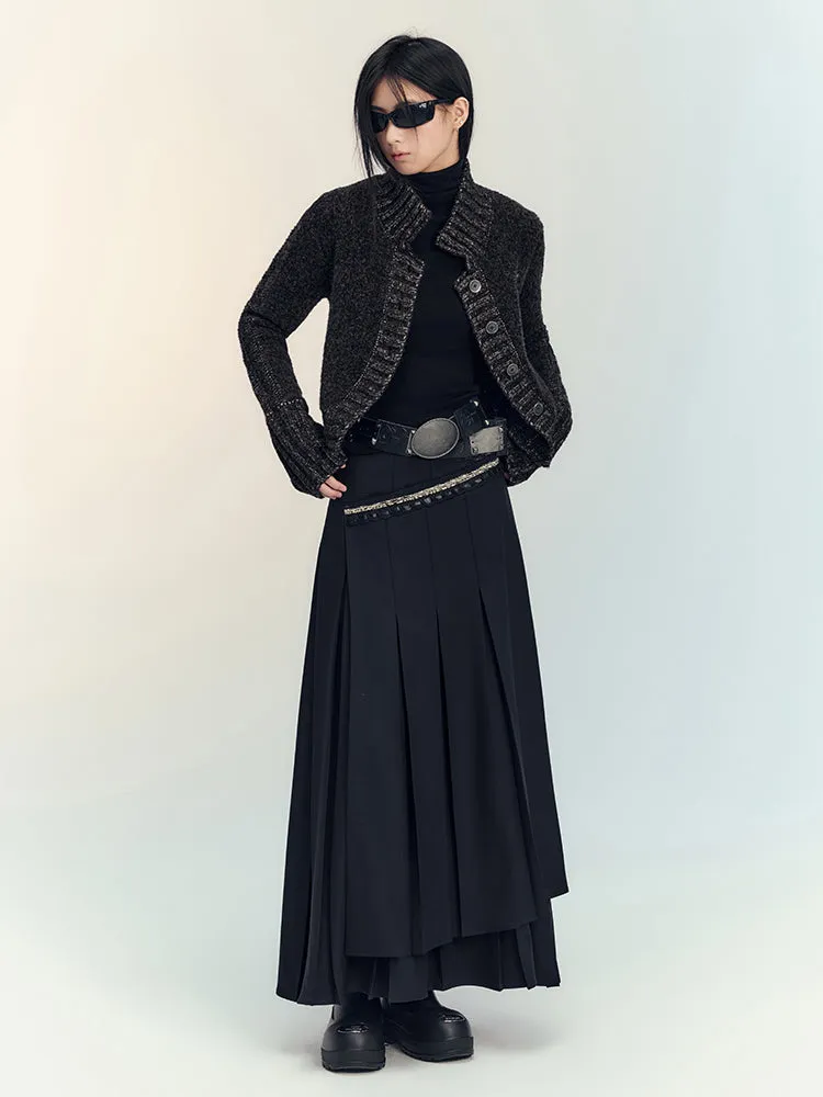 Box-Pleats Flare Glitter Plain Long-Skirt