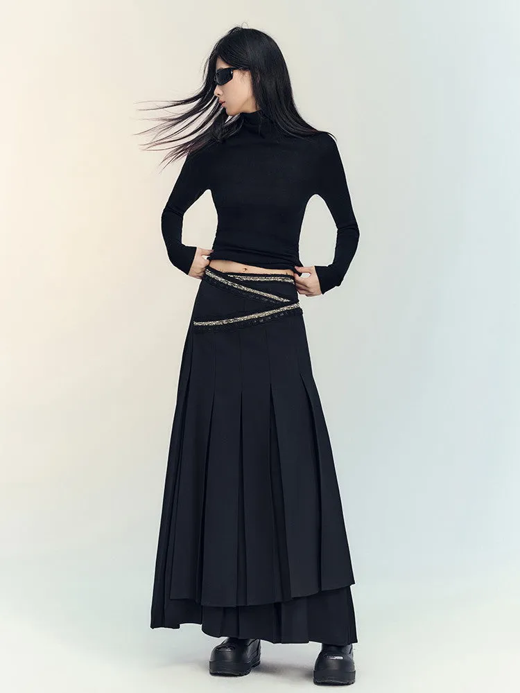 Box-Pleats Flare Glitter Plain Long-Skirt