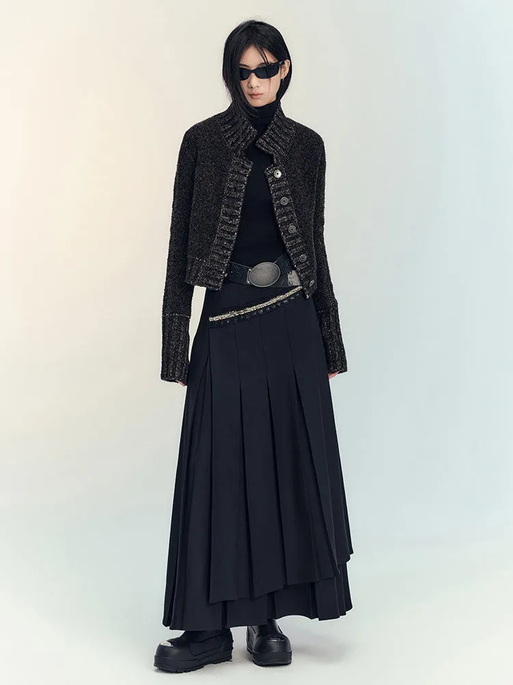 Box-Pleats Flare Glitter Plain Long-Skirt