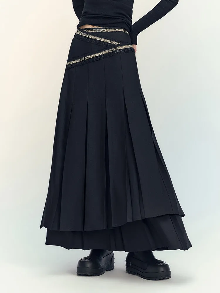 Box-Pleats Flare Glitter Plain Long-Skirt