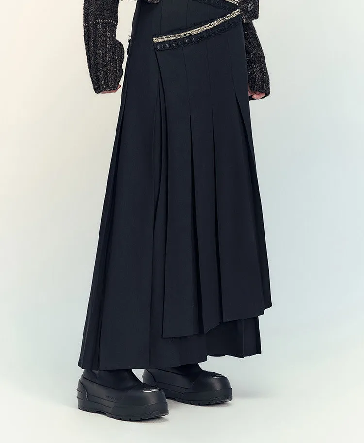 Box-Pleats Flare Glitter Plain Long-Skirt