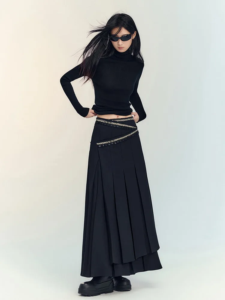 Box-Pleats Flare Glitter Plain Long-Skirt