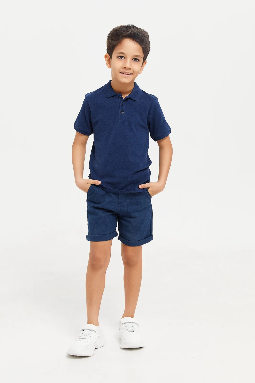 Boys Navy Belted Dobby Shorts
