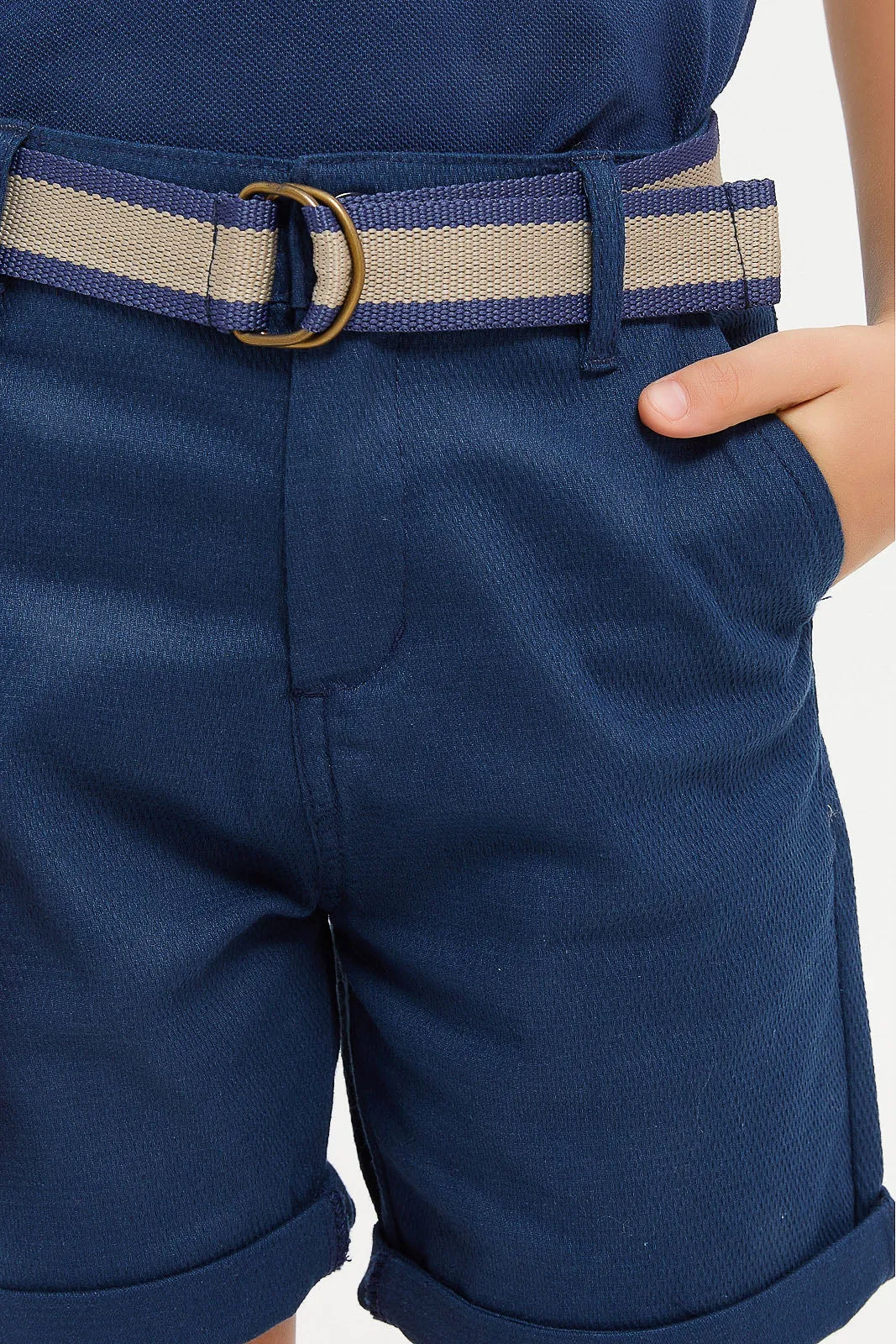 Boys Navy Belted Dobby Shorts