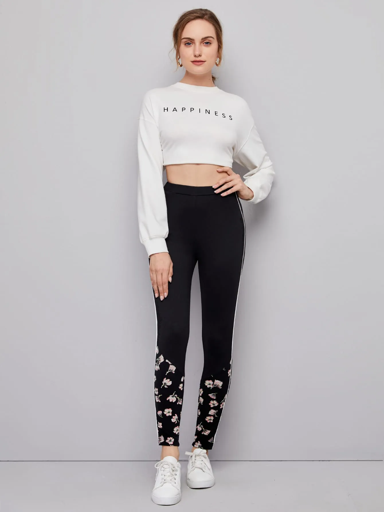 Casual Floral Contrast Binding Cropped Women Leggings