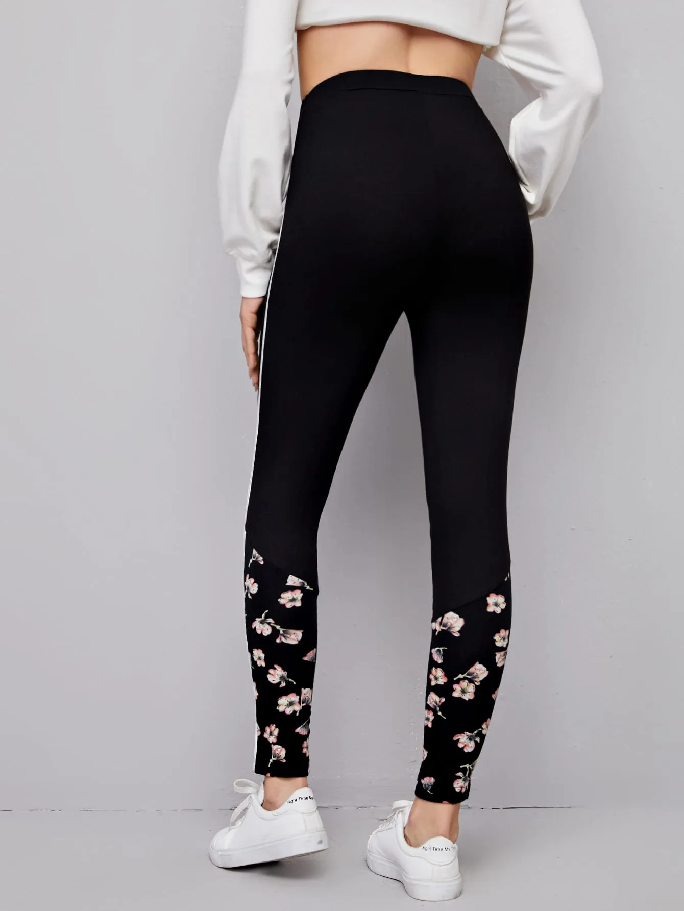 Casual Floral Contrast Binding Cropped Women Leggings