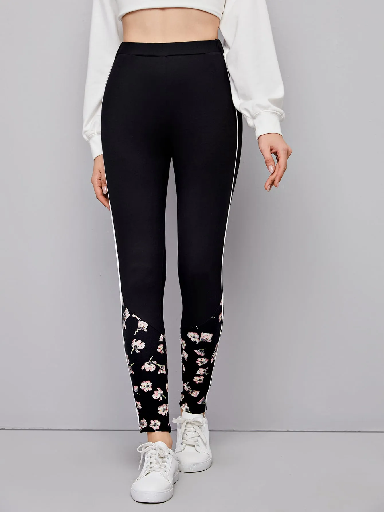 Casual Floral Contrast Binding Cropped Women Leggings