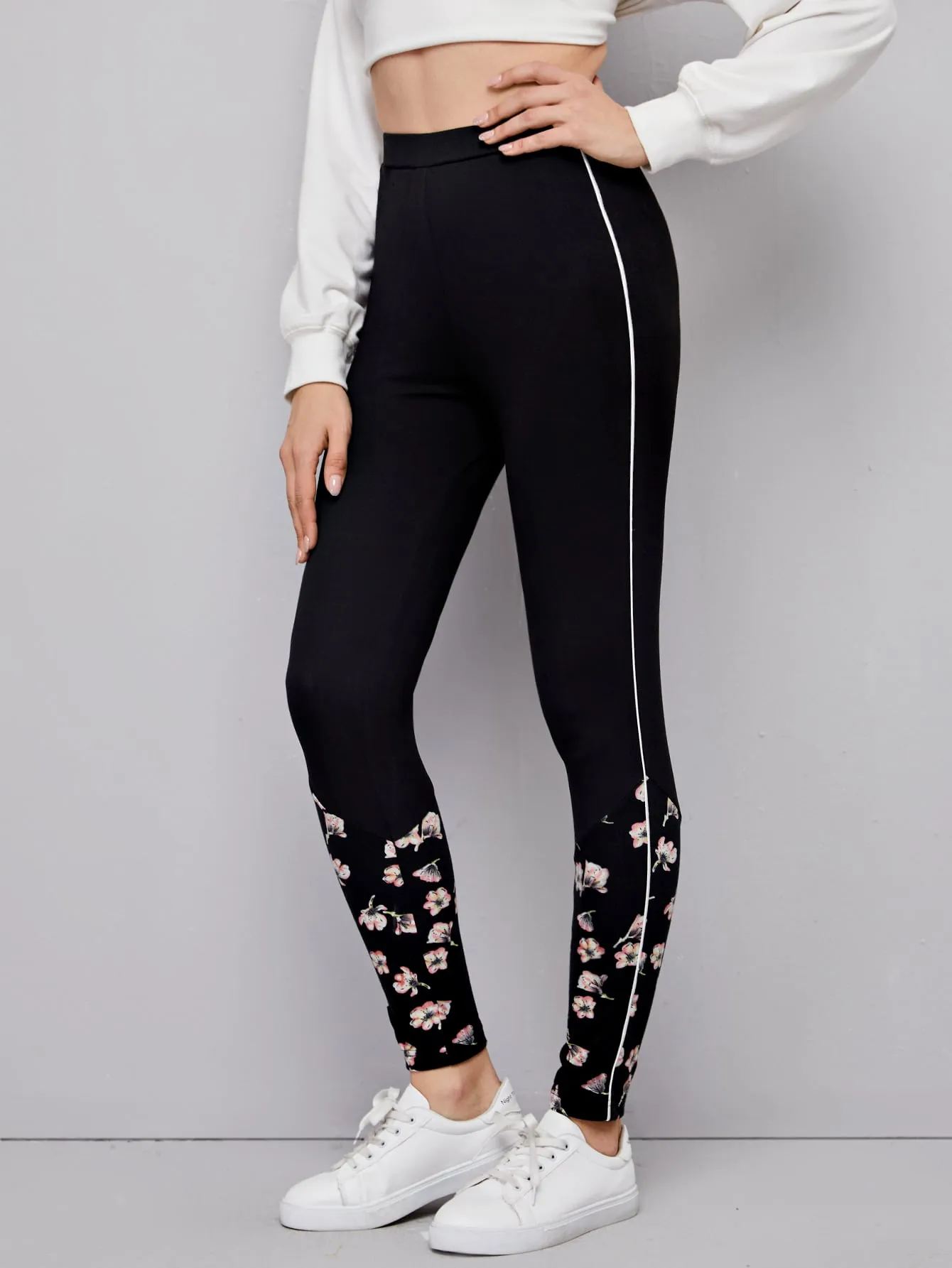 Casual Floral Contrast Binding Cropped Women Leggings