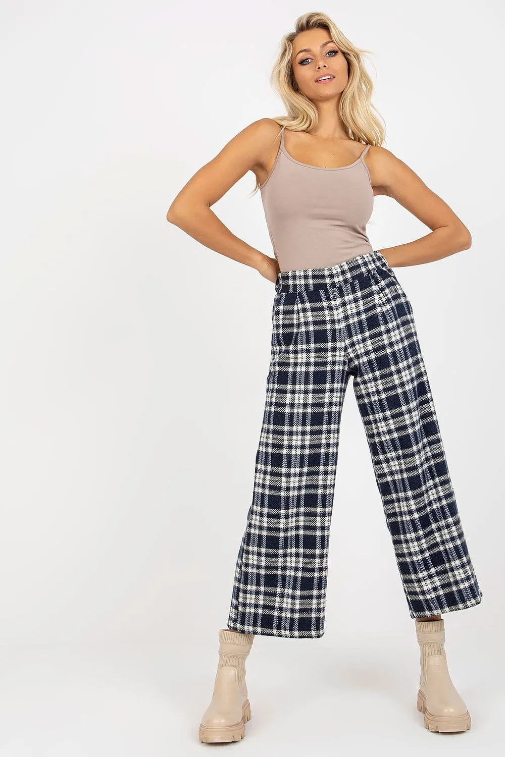 Chic Checkered Wool Pants for Women with Practical Side Pockets
