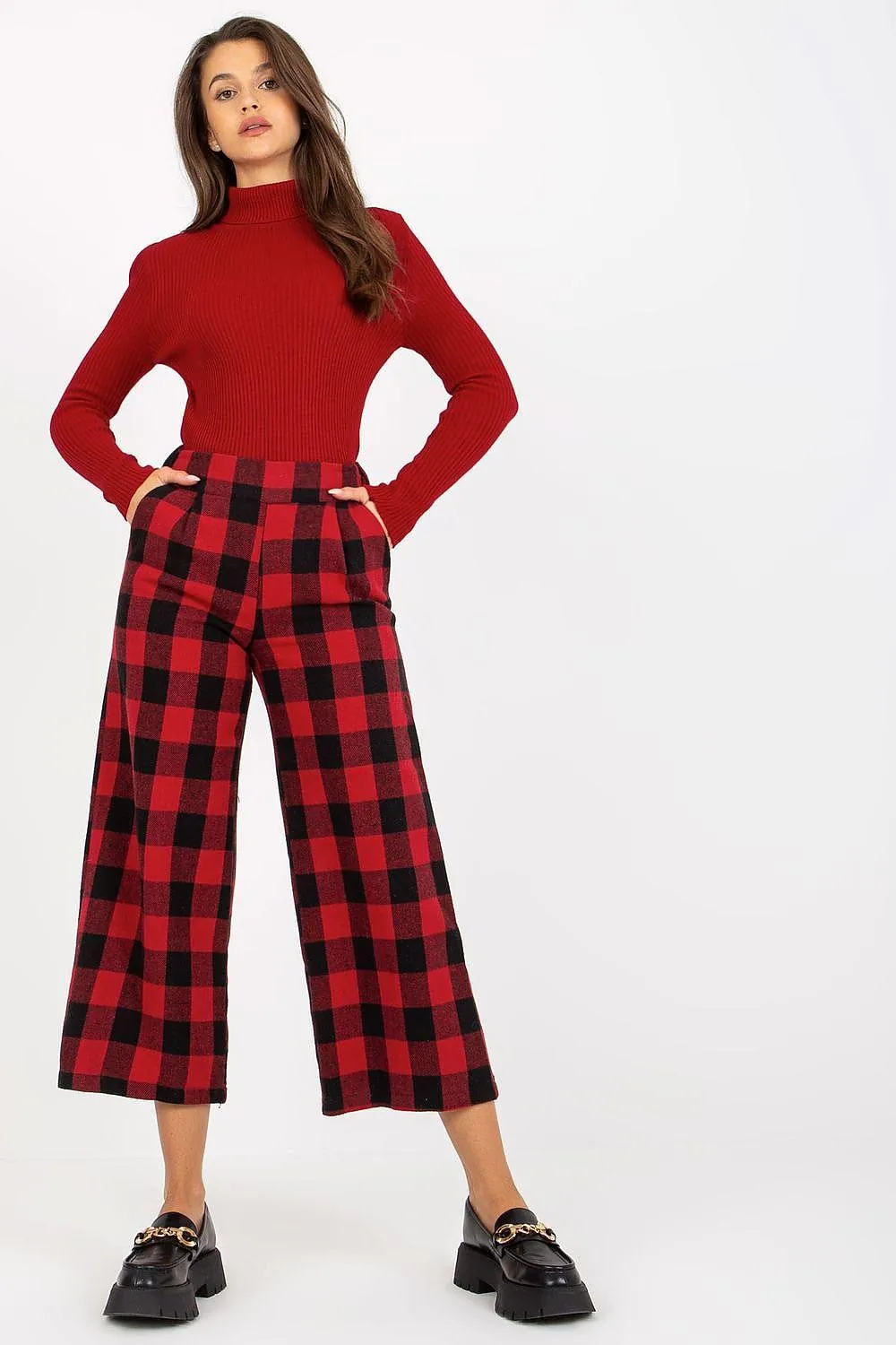 Chic Checkered Wool Pants for Women with Practical Side Pockets