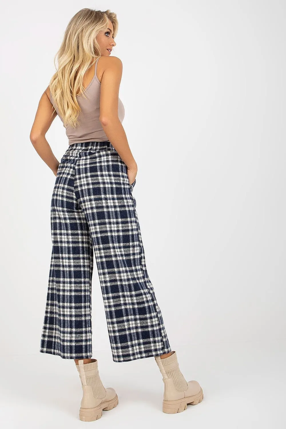 Chic Checkered Wool Pants for Women with Practical Side Pockets