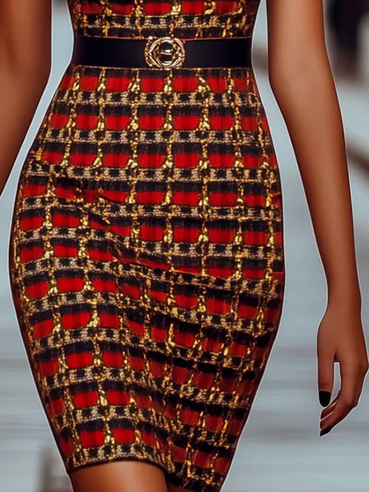 Chic Grid and Golden Chain Patchwork Belt Bodycon