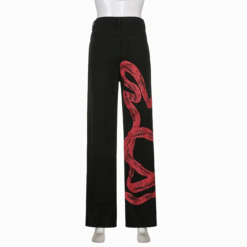 Chinese Style Vintage Dragon Printed Black Baggy Jeans Streetwear Grunge High Waist Pants Women Jeans Hip Hop Capris