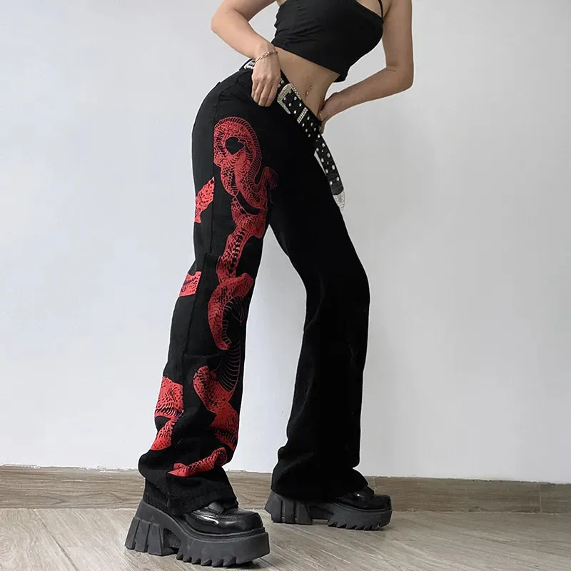 Chinese Style Vintage Dragon Printed Black Baggy Jeans Streetwear Grunge High Waist Pants Women Jeans Hip Hop Capris