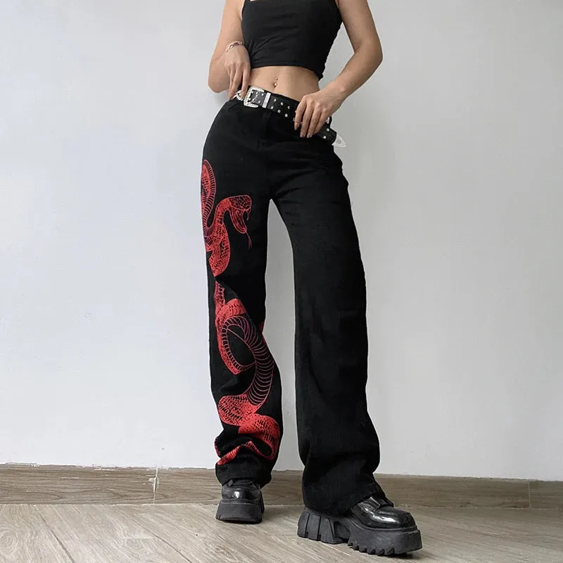 Chinese Style Vintage Dragon Printed Black Baggy Jeans Streetwear Grunge High Waist Pants Women Jeans Hip Hop Capris