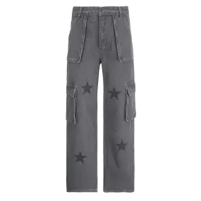 Contrast denim star pattern zip-up pocket jeans