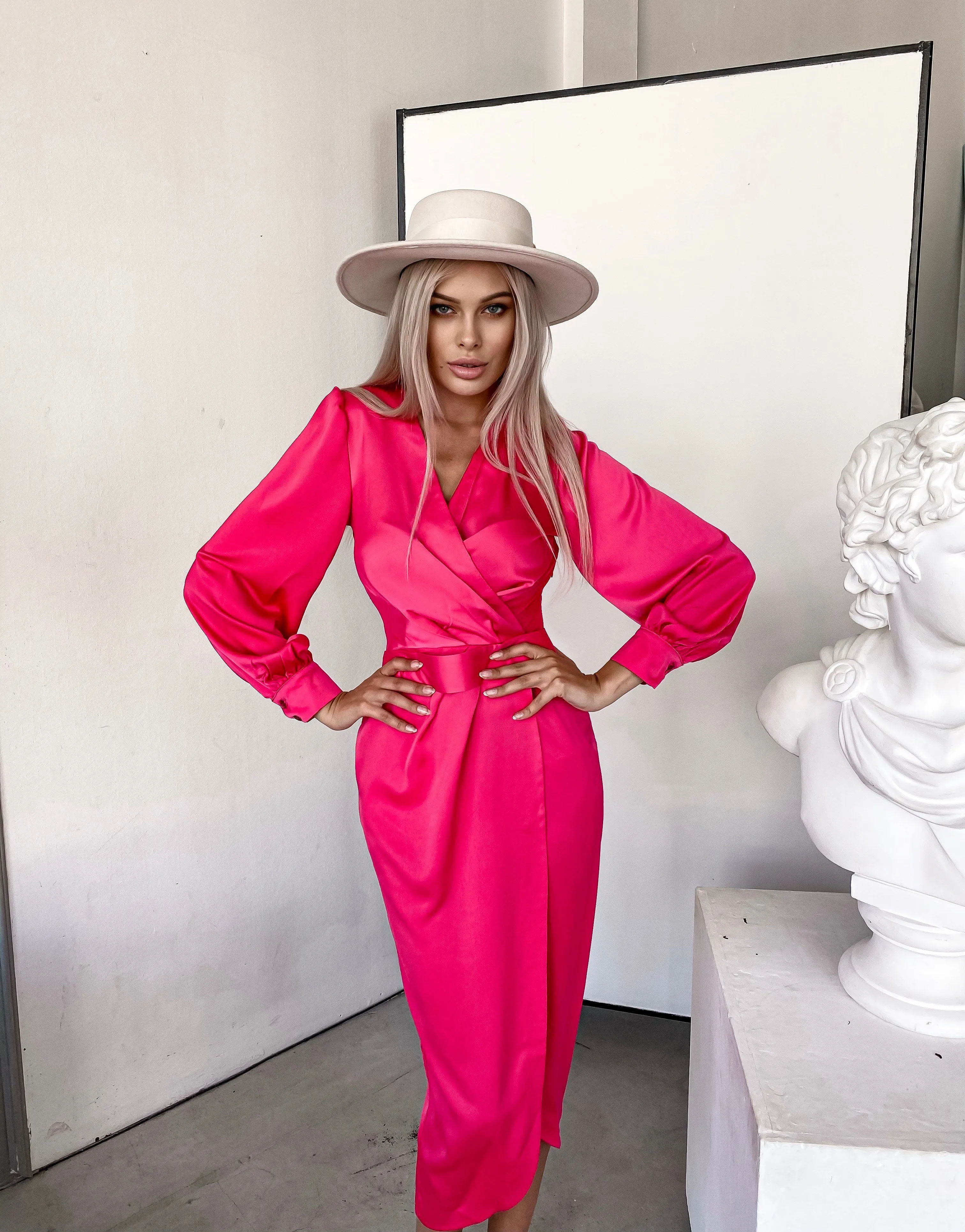 Crimson Wrap Long Sleeve Midi Dress
