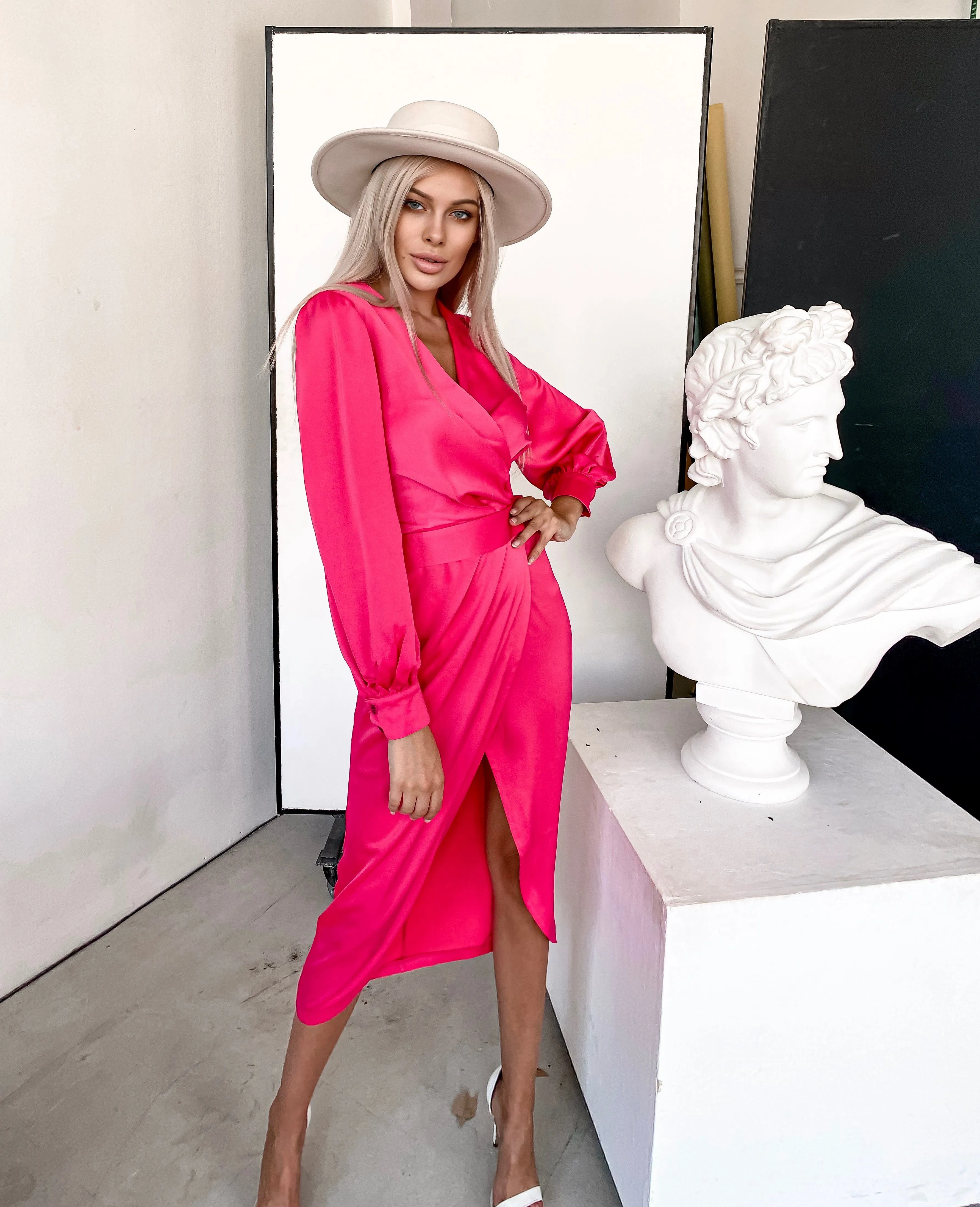 Crimson Wrap Long Sleeve Midi Dress